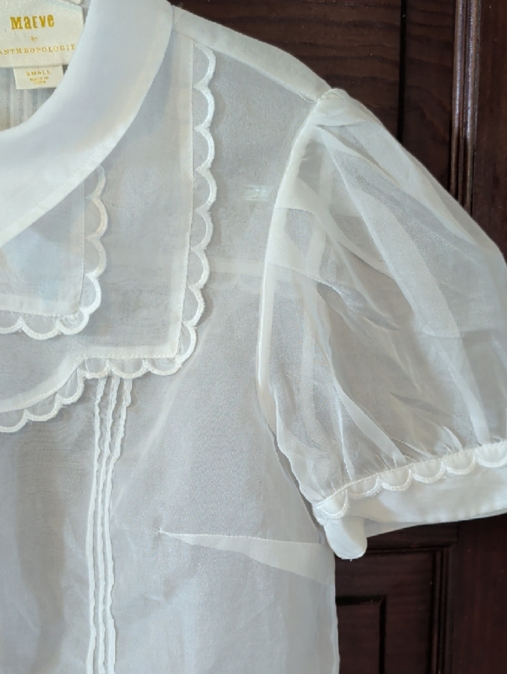 Sheer Short Puff-Sleeve Scallop Trim Blouse Peter Pan Collar Maeve Anthropologie - Picture 5 of 13